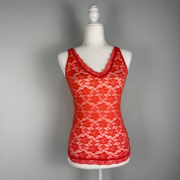 Fitted lace sheer camisole pink orange V-neckline stretchy - size medium - Picture 2 of 8